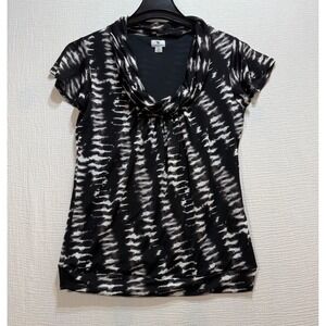 Worthington Top Women's Size M Black White‎ Abstract Cowl Neck Cap Sleeve Office